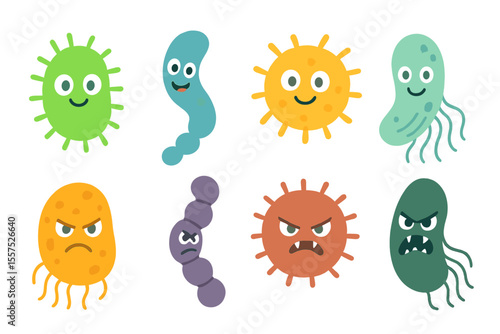 A collection of cartoon bacteria, including good and bad microbiota, is depicted as a biological microorganism in a flat vector illustration set