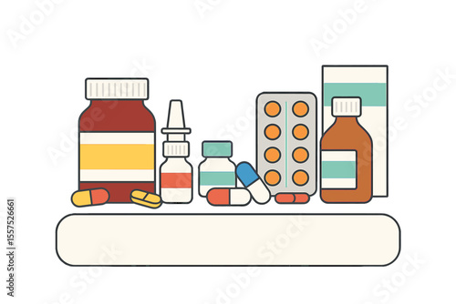 Collection of medicines and drugs with a banner and free space on a blue background