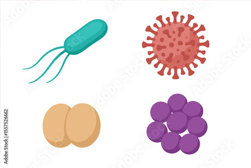 A collection of lone probiotic bacteria and viruses, including germs and microbes, is comprised of various microorganisms, such as realistic gonococcus and coronavirus, staphylococci or cocci, and