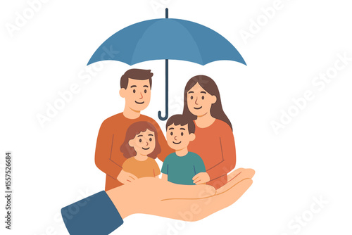 Life insurance provides family protection, ensuring members are financially supported, and embodies a risk cover concept, as seen in a loving family with a husband, wife, and kids being protected