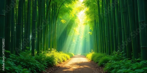 Sunlight Dappled Bamboo Forest Path Tranquil Japanese Landscape, Serene Green Canopy, Inviting Walkway, Peaceful Nature Scene