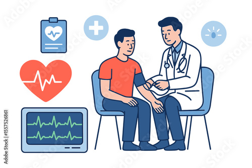The concept of heart disease screening and diagnosis involves a doctor checking blood pressure and examining a cardiogram and pulse on an EKG monitor, as depicted in a flat cartoon vector