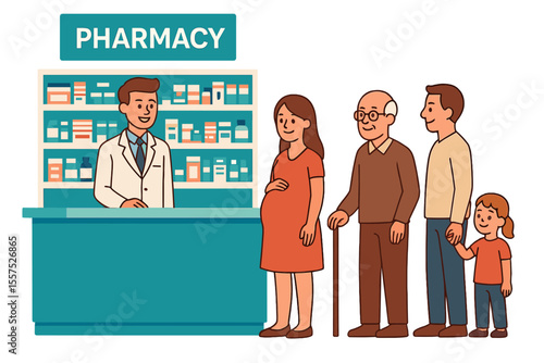 A vector illustration depicts a pharmacy scene where a smiling pharmacist assists various clients, including a pregnant woman, an elderly person, and a man with a child, all waiting in line to