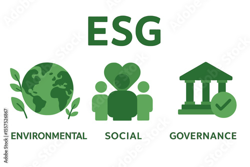A set of ESG icons focused on environmental, social, and governance themes, featuring greenery and nature on a white background in vector illustration form