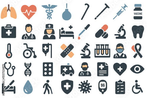 A collection of 40 health and medical web icons, including lung, cardiology, caduceus, enema, walking stick, blood test, and vaccine symbols, are presented in a glyph style on a white background