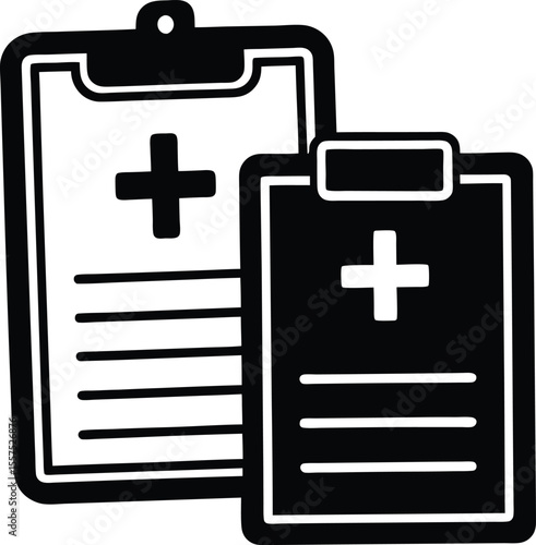 Two black and white clipboard icons featuring medical crosses and lines representing written information on a clean background