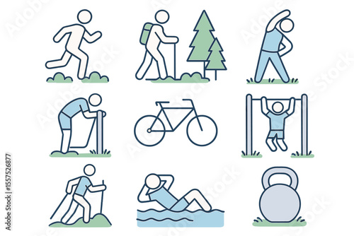 A set of outdoor fitness icons is available for download, featuring a variety of vector images isolated on a white background for use in web design