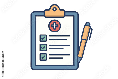Medical form and report concepts are represented by characters, a clipboard with a cross, a pen, and check marks, symbolizing informed consent, prescriptions, and health insurance