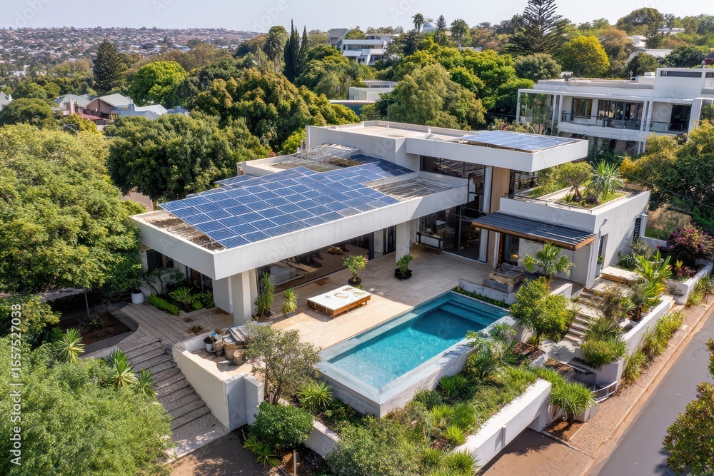 Fototapeta premium home in Johannesburg suburbs with solar panels across the entire rooftop