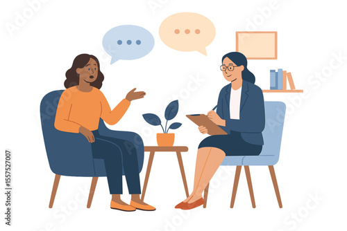 A woman is seated in an armchair at a psychologist's office, engaged in conversation with a psychiatrist, as depicted in a vector illustration representing a therapy session and the concept of