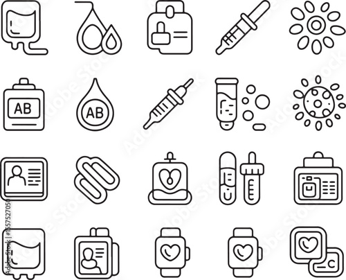 Healthcare Icons: A collection of vector icons represents various aspects of healthcare, including blood transfusion, vials, and medical instruments. A clean.