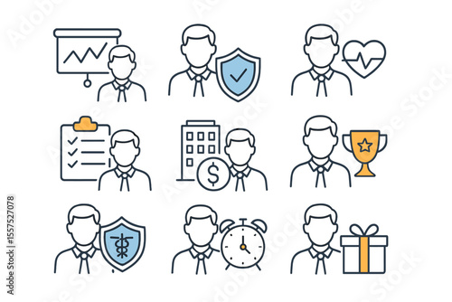 A set of editable stroke outline icons for employee benefits is presented in isolation on a white background as a flat vector illustration, with pixel perfection, in a 64 x 64 format