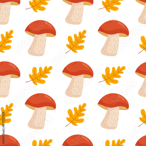 Fall mushroom seamless pattern with yellow leaves. Flat style autumn vector background for seasonal design.