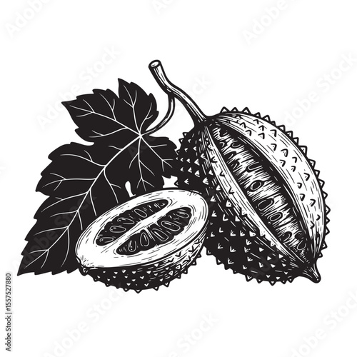 Detailed vintage art silhouette of a bitter melon with leaf showing the interior seed section