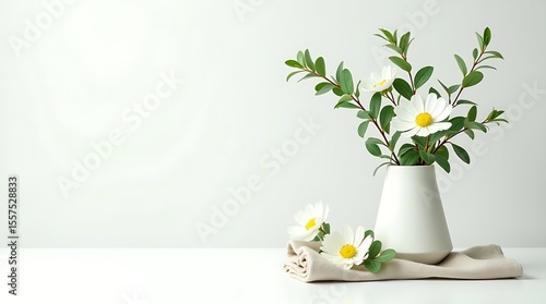 Elegant white and green floral flatlays, overhead style with varied vase positions and clean space—ideal for premium covers and digital branding, Mockup for workspace concept.