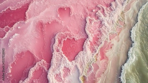 Great Salt Lake shoreline salt crystals formations: pink algae blooms abstract aerial view for surreal art, ecology alerts