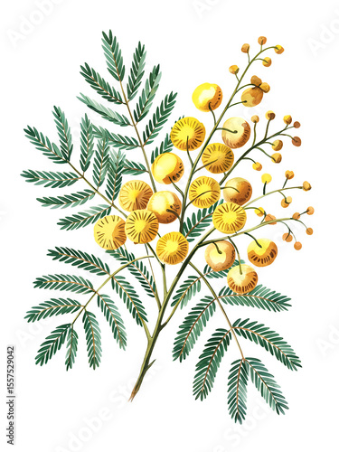 Watercolor illustration of a blooming mimosa branch with delicate yellow flowers and green leaves