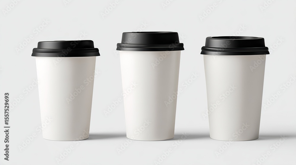 Three white paper coffee cups with black lids, mockup template for design presentation on light background, high-resolution. Three white paper coffee cups with black lids, mockup template for design presentation on light background, high-resolution.