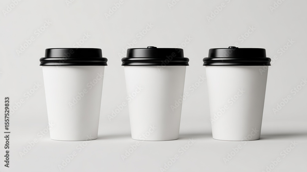 Three white paper coffee cups with black lids, mockup template for design presentation on light background, high-resolution. Three white paper coffee cups with black lids, mockup template for design presentation on light background, high-resolution.