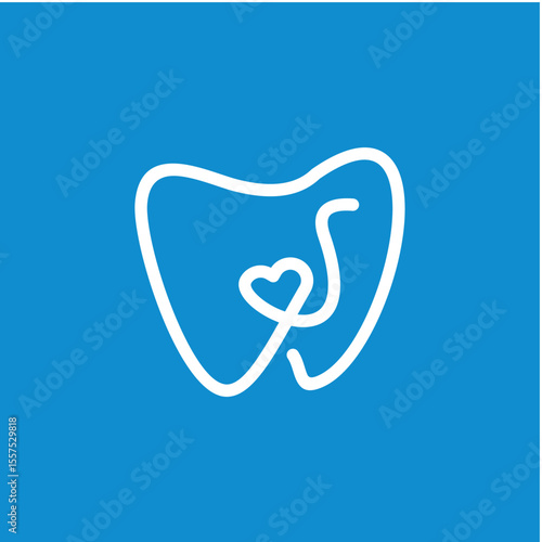 Minimalist Dental Icon of Tooth with Heart Shape Outline on Blue Background