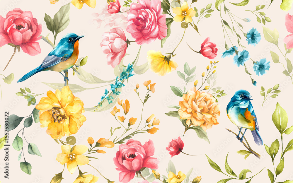 Obraz premium A lively pattern of pink roses, yellow blooms, and blue flowers surrounds two bluebirds lush greenery and bright tones form a vibrant, nature-inspired composition