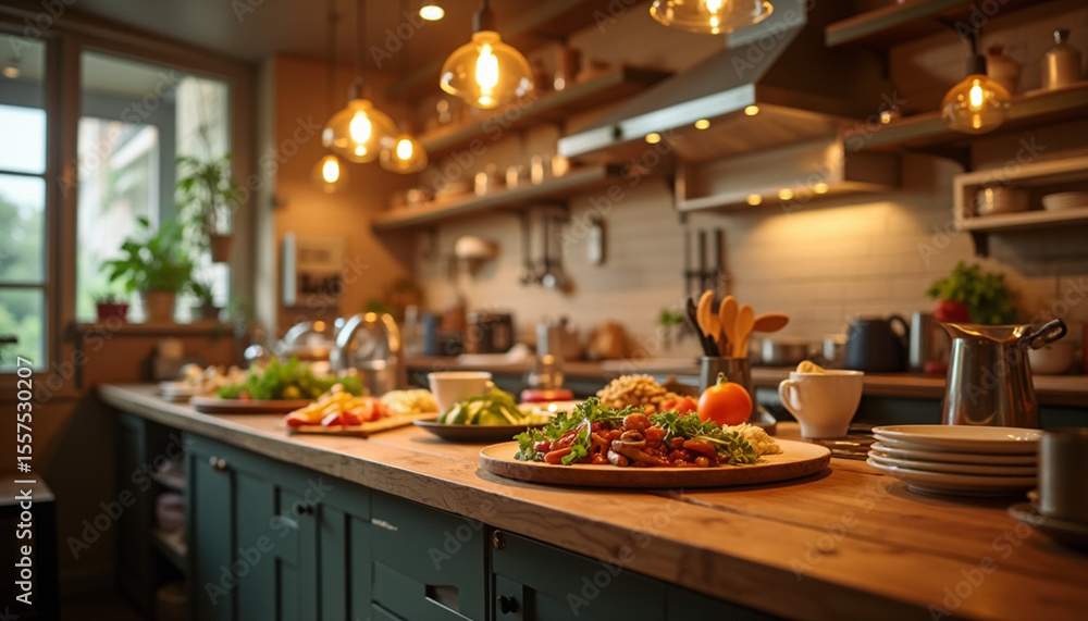 An inviting kitchen counter setup with vibrant healthy food dishes under warm pendant lighting An inviting kitchen counter setup with vibrant healthy food dishes under warm pendant lighting