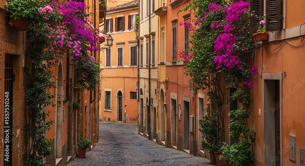 Bougainvillea cascades down sunlit buildings on a narrow cobblestone street in Rome Bougainvillea cascades down sunlit buildings on a narrow cobblestone street in Rome
