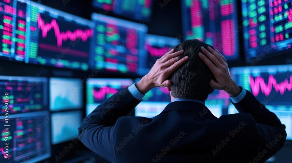 A businessman holds his head in frustration while looking at multiple monitors displaying fluctuating stock market graphs and data. A businessman holds his head in frustration while looking at multiple monitors displaying fluctuating stock market graphs and data.