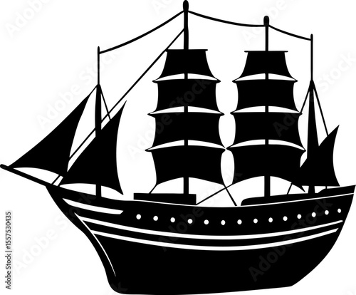 Black silhouette of a historical sailing ship with multiple masts and sails. Pirate ship silhouette vector.