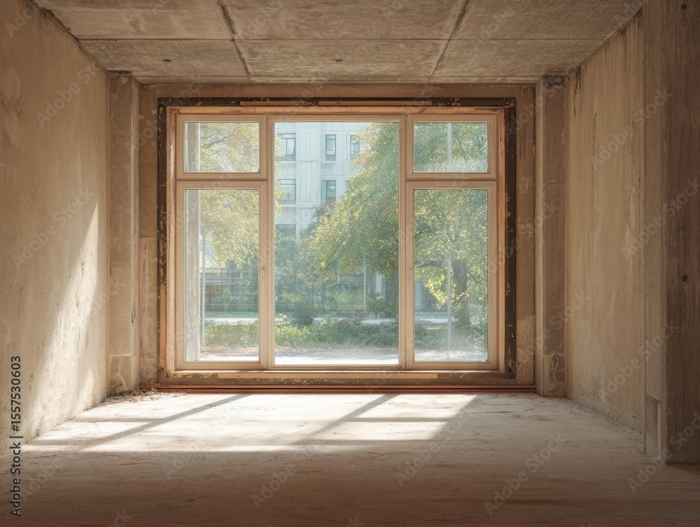 Fototapeta premium A window in a room with a view of a building. The window is open and the room is empty