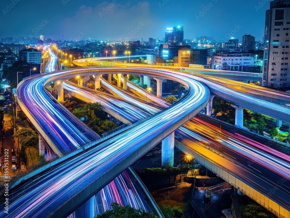 Obraz premium Nighttime cityscape showcasing a complex highway interchange with vibrant light trails from speeding vehicles.