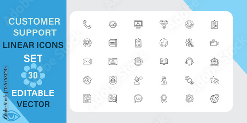 Customer support linear icons set. Phone, email, chat, message and more. Outline vector icon in linear style. Editable stroke. Vector illustration.