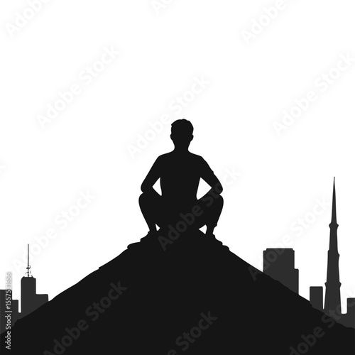 Silhouette of a man sitting on a hilltop overlooking city skyline  
