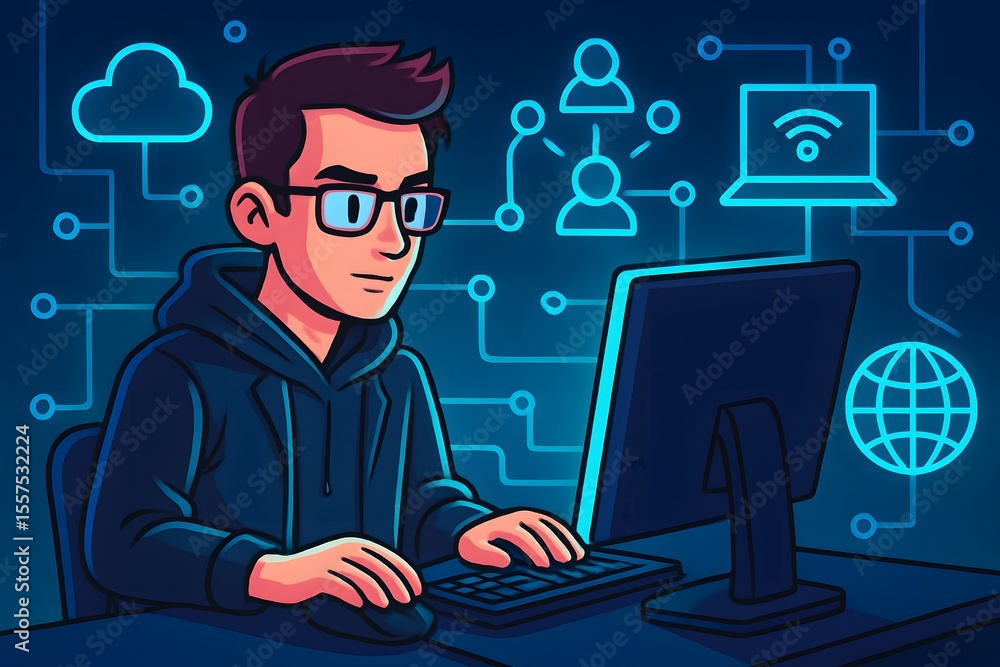 Professional Young Man Working on Network Security at Computer Professional Young Man Working on Network Security at Computer
