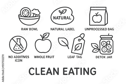 Healthy eating icons: raw bowl, natural label, unprocessed bag, no additives, whole fruit, leaf tag, detox jar