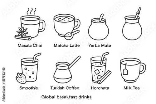 Global breakfast drinks: masala chai, matcha latte, yerba mate, smoothie, turkish coffee, horchata, milk tea