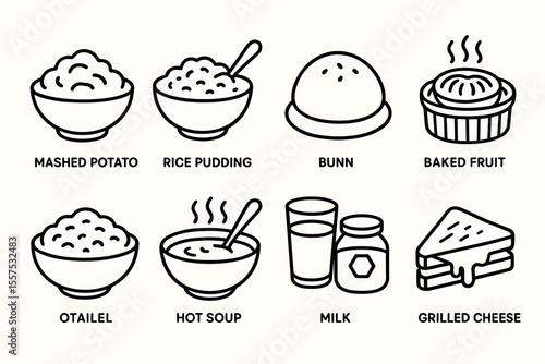 Assorted food icons including mashed potato, rice pudding, and grilled cheese