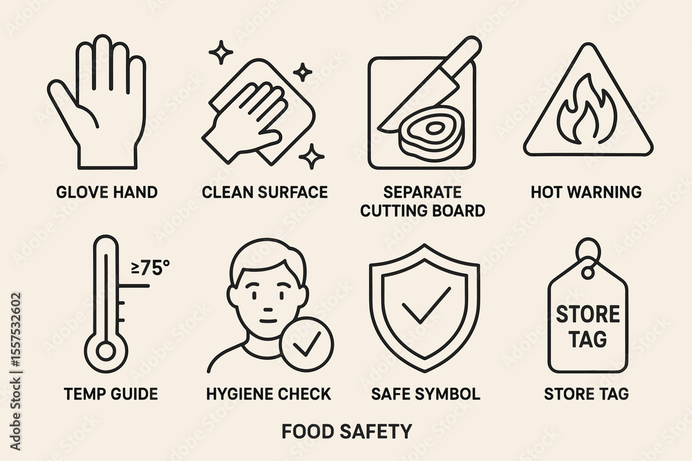 Fototapeta premium Essential food safety icons: hygiene, temperature, and storage guidelines illustrated