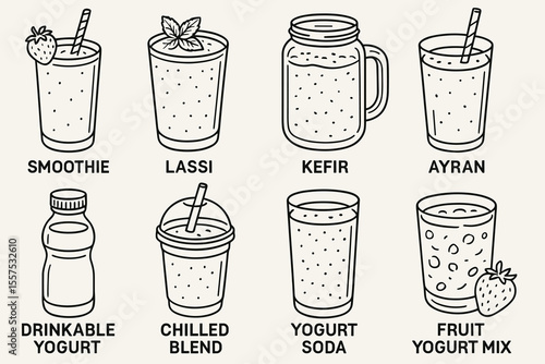 Variety of yogurt-based drinks and smoothies in different styles