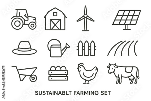 Sustainable farming icons: tractor, barn, windmill, solar panel, and more