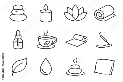 Spa and relaxation icons featuring yoga mat, candle, lotus, and tea cup symbols