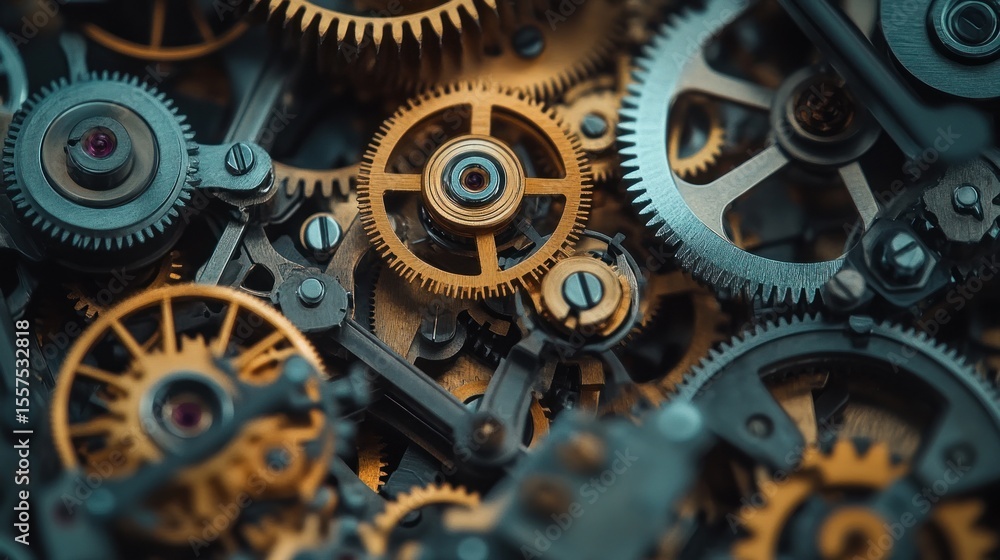 Close-up view of intricate gears and mechanisms, showcasing a complex clockwork or machine interior. Close-up view of intricate gears and mechanisms, showcasing a complex clockwork or machine interior.