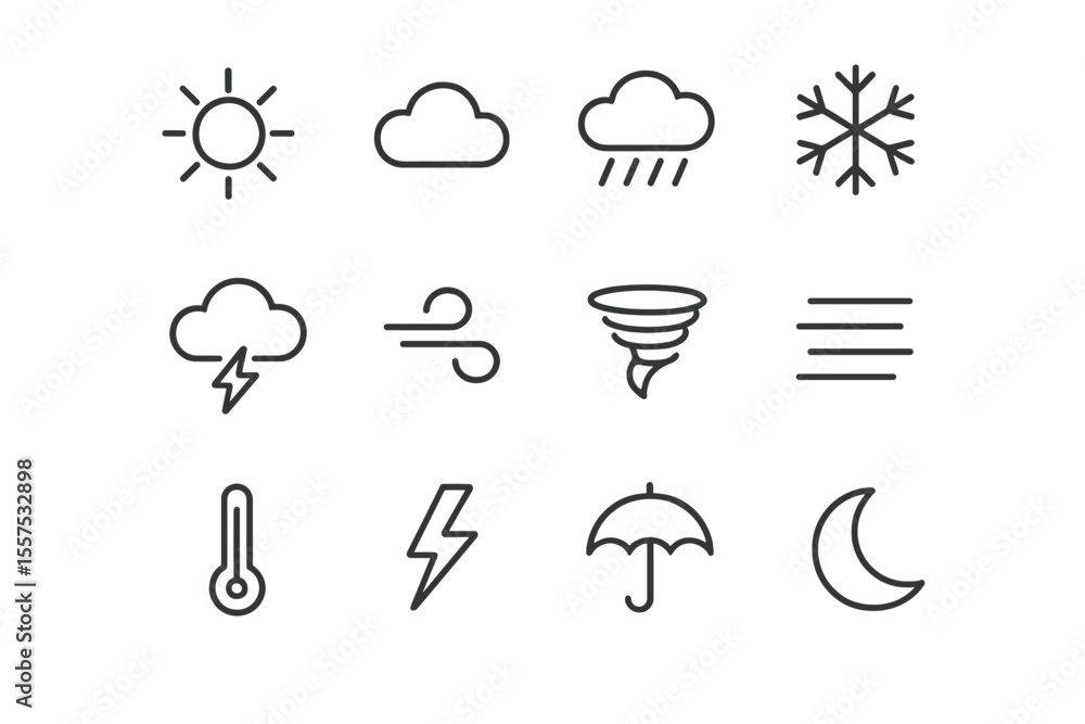 Obraz premium Set of twelve minimalist weather icons including sun, cloud, rain, snowflake, and umbrella