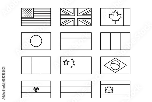 Outline drawings of twelve national flags including us, uk, and canada symbols