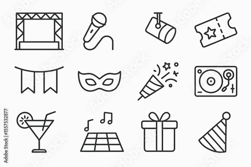 Event celebration outline icons set with stage, microphone, and party elements