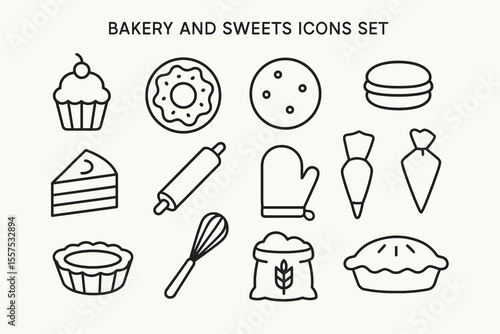 Bakery and sweets icons set featuring cupcake, cookie, and kitchen tools