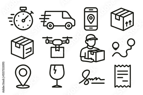 Delivery service icons: drone, package, gps, van, stopwatch, receipt