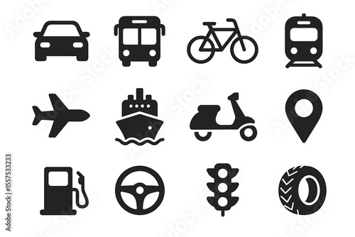 Set of various transportation icons: car, bus, bicycle, train, and more