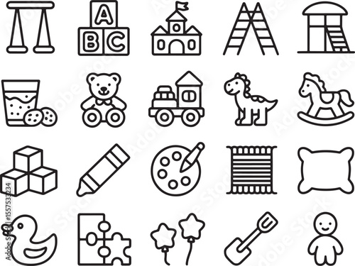 A Set of 20 Black and White Line Art Icons for Kids