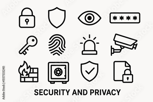 Security and privacy icons: lock, shield, eye, camera, key, fingerprint, safe, firewall